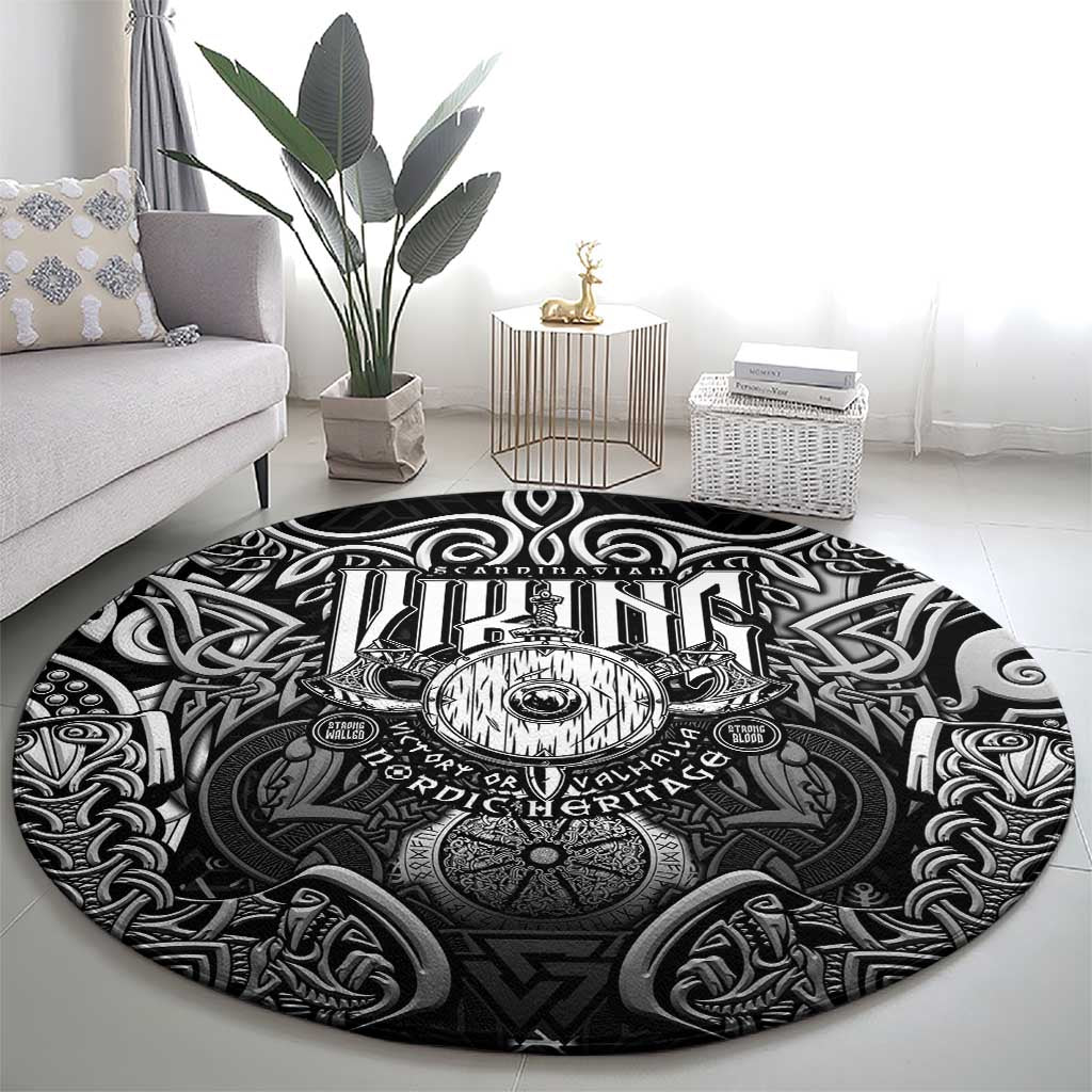 Scandinavian Viking Round Carpet Norse Warrior Sigil - Helmet and Battle Axes