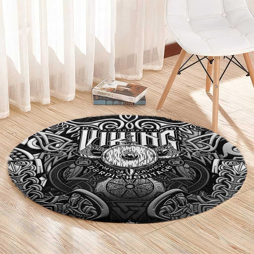 Scandinavian Viking Round Carpet Norse Warrior Sigil - Helmet and Battle Axes