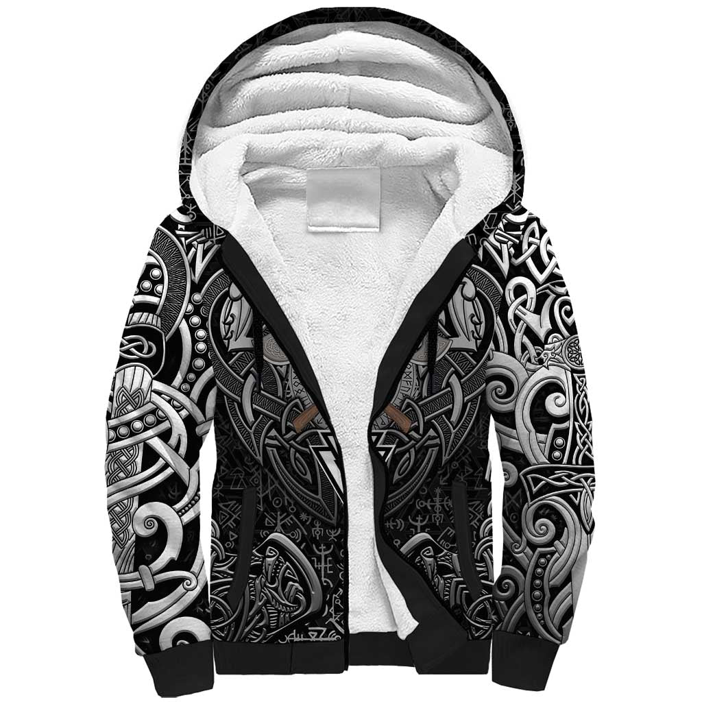 Scandinavian Viking Sherpa Hoodie Norse Warrior Sigil - Helmet and Battle Axes