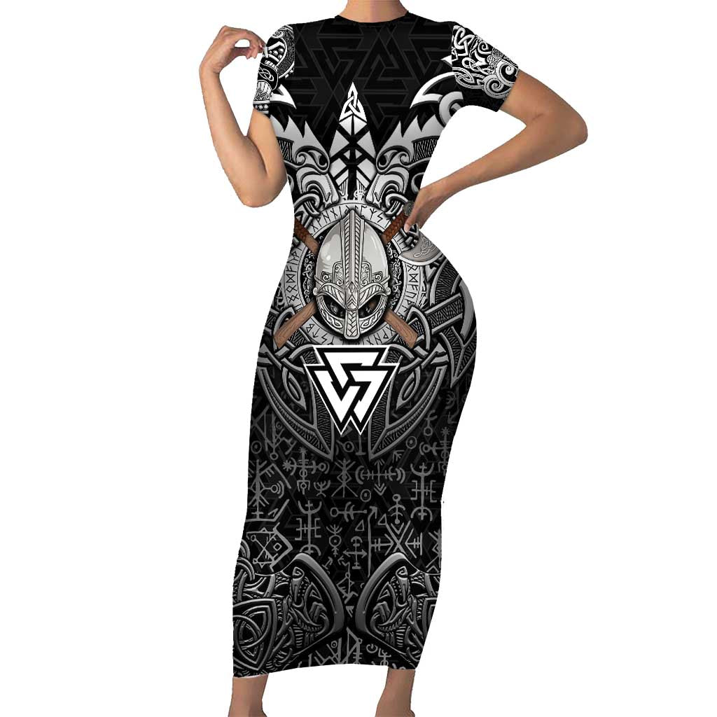 Scandinavian Viking Short Sleeve Bodycon Dress Norse Warrior Sigil - Helmet and Battle Axes