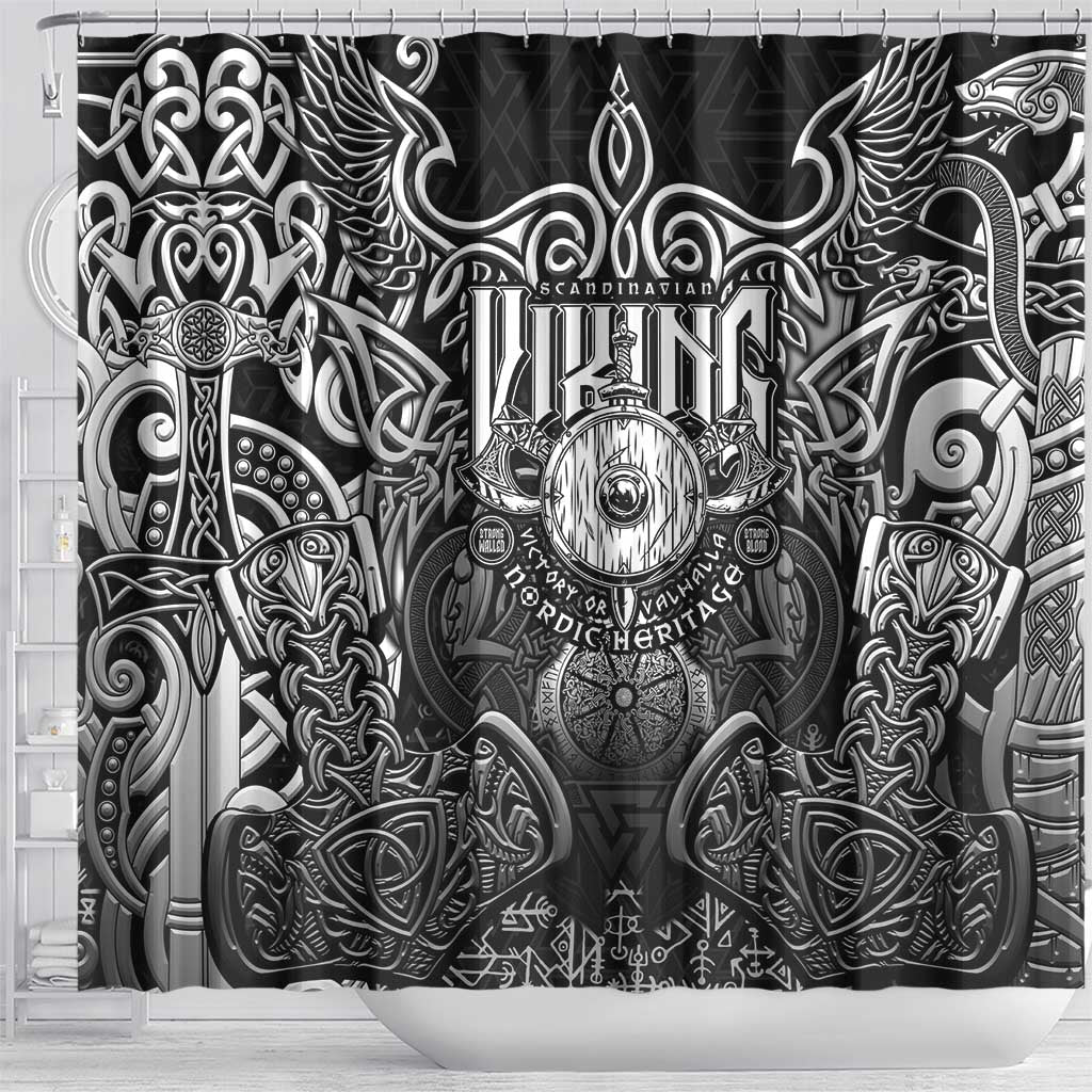 Scandinavian Viking Shower Curtain Norse Warrior Sigil - Helmet and Battle Axes