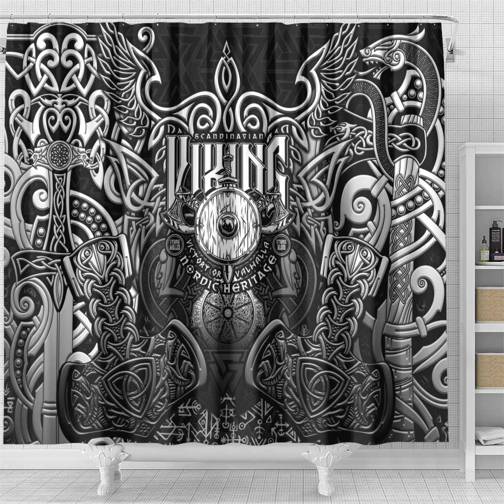 Scandinavian Viking Shower Curtain Norse Warrior Sigil - Helmet and Battle Axes