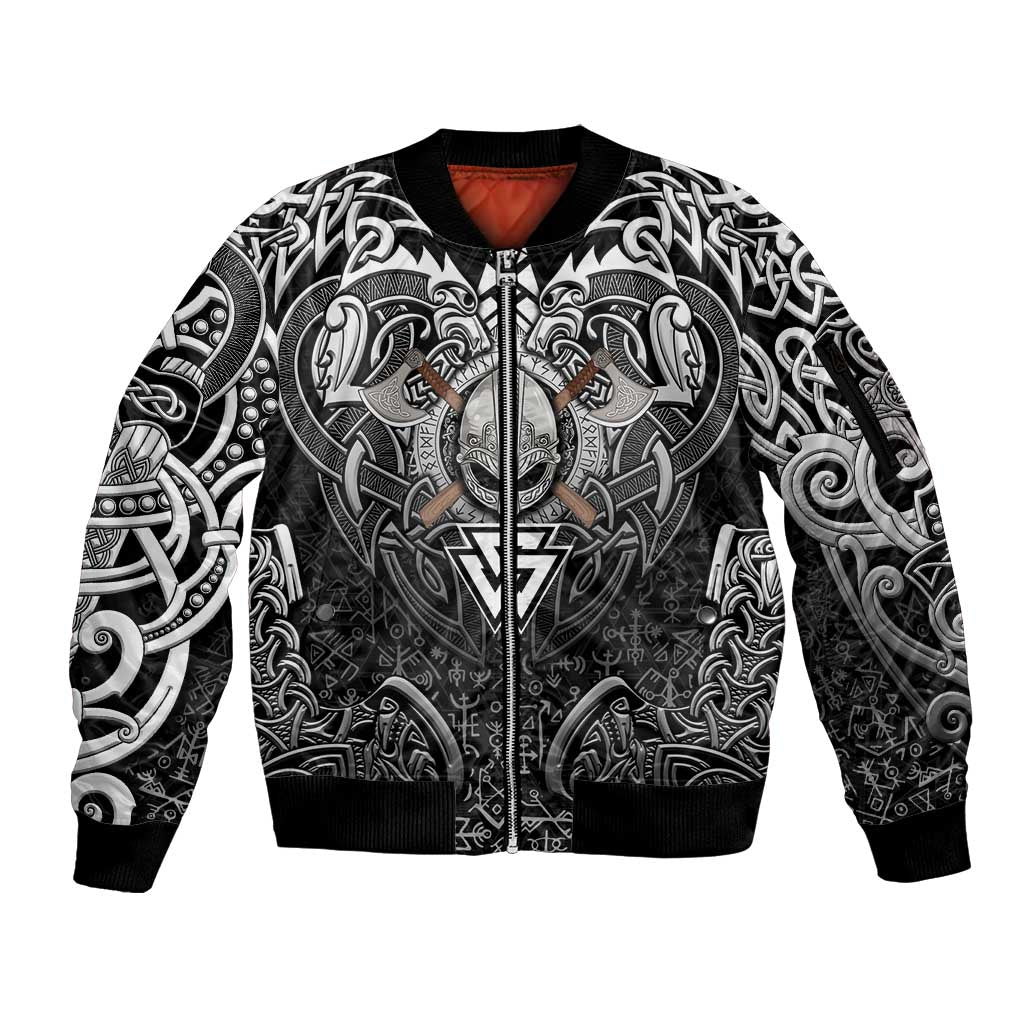 Scandinavian Viking Sleeve Zip Bomber Jacket Norse Warrior Sigil - Helmet and Battle Axes