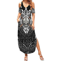 Scandinavian Viking Summer Maxi Dress Norse Warrior Sigil - Helmet and Battle Axes