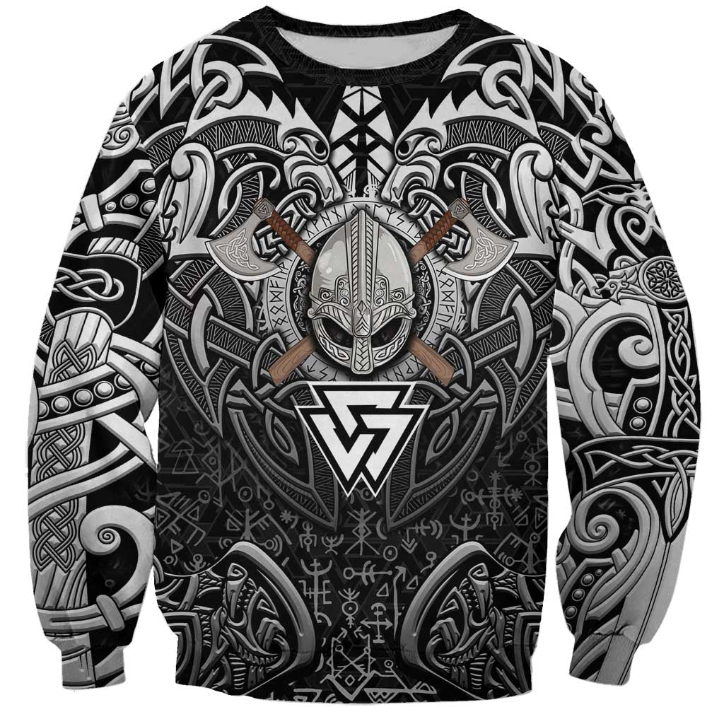 Scandinavian Viking Sweatshirt Norse Warrior Sigil - Helmet and Battle Axes