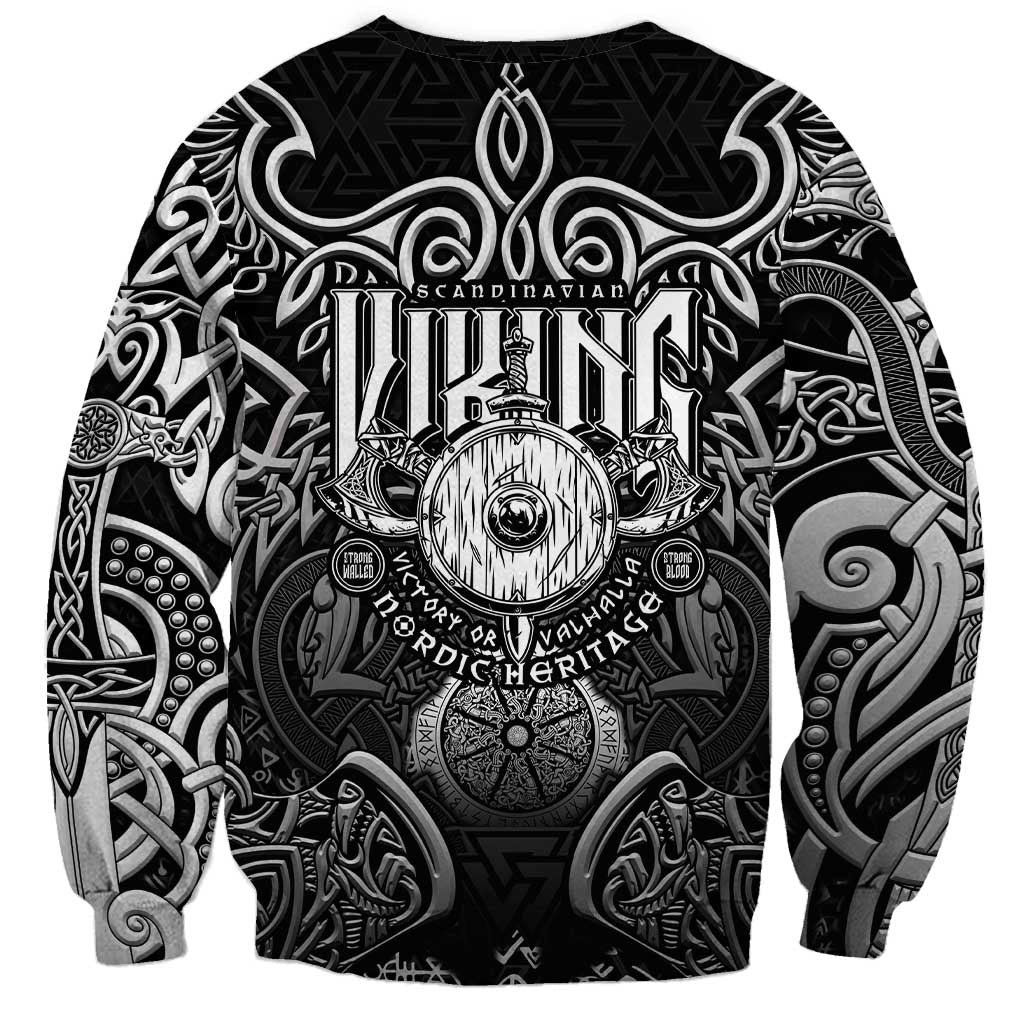 Scandinavian Viking Sweatshirt Norse Warrior Sigil - Helmet and Battle Axes