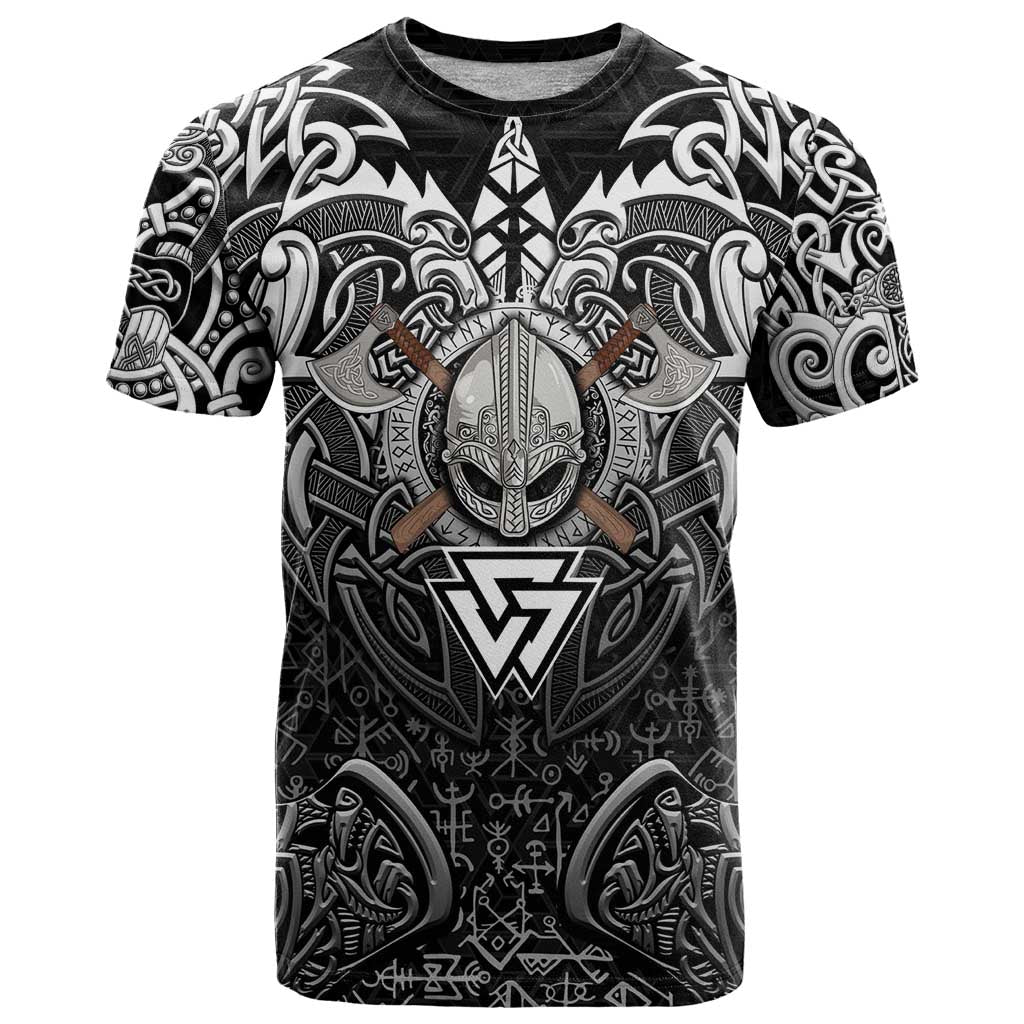 Scandinavian Viking T Shirt Norse Warrior Sigil - Helmet and Battle Axes