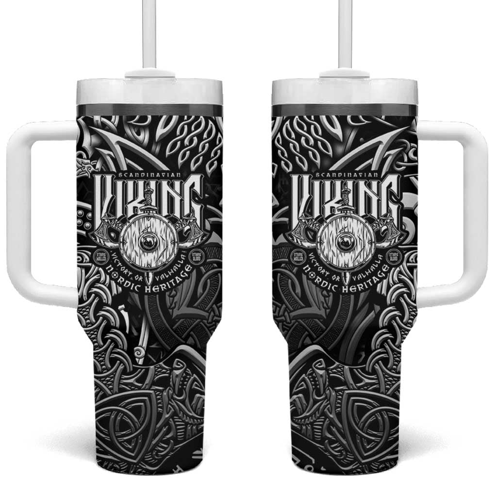 Scandinavian Viking Tumbler With Handle Norse Warrior Sigil - Helmet and Battle Axes