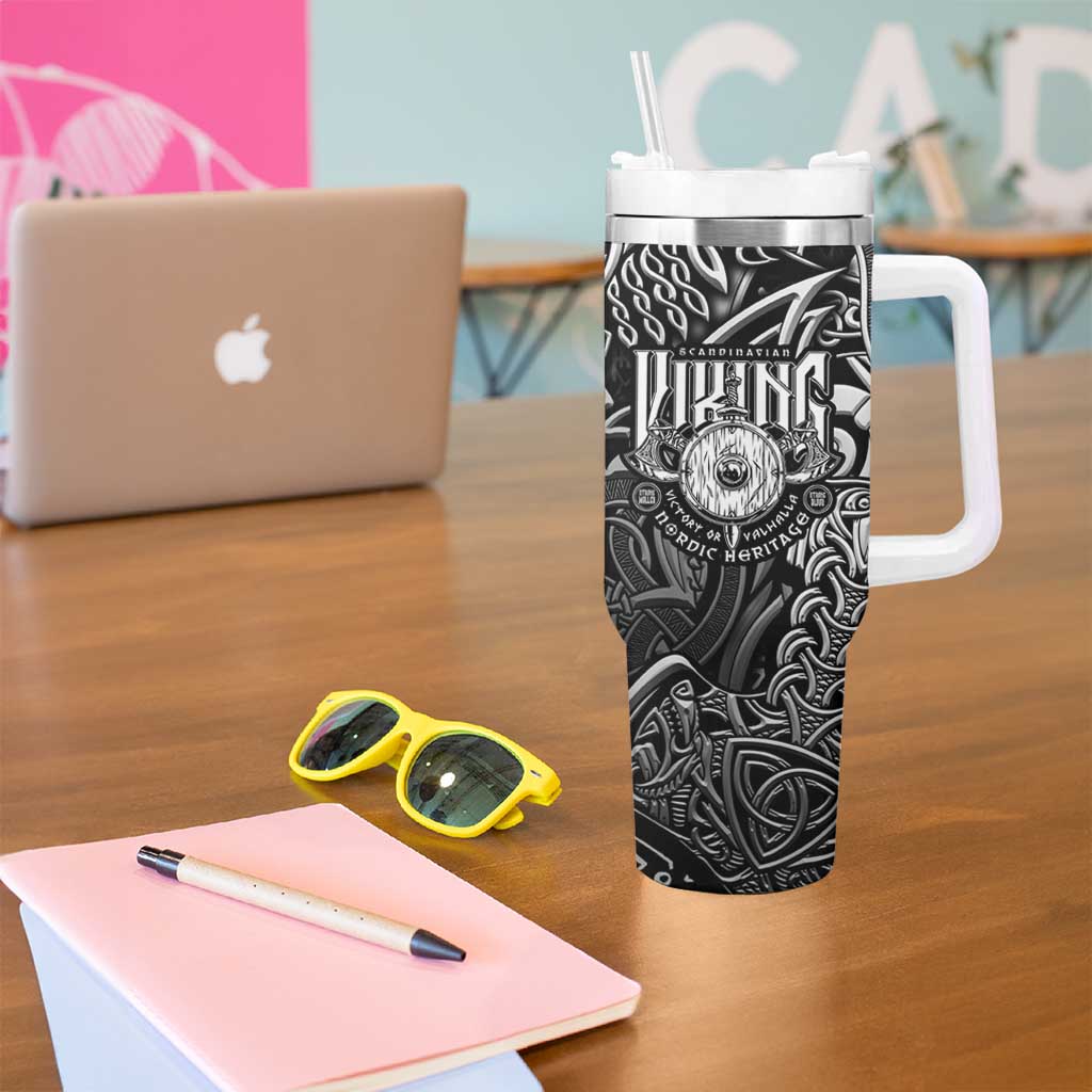 Scandinavian Viking Tumbler With Handle Norse Warrior Sigil - Helmet and Battle Axes