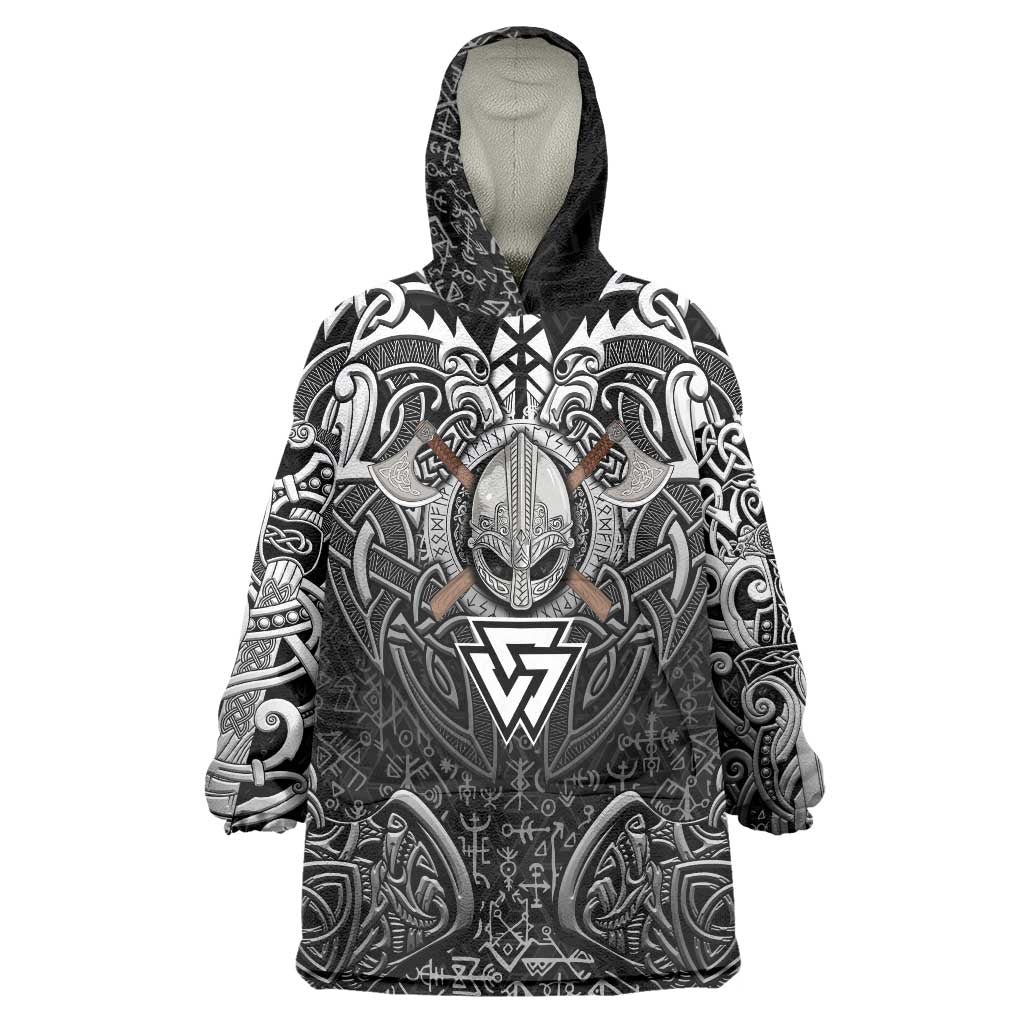 Scandinavian Viking Wearable Blanket Hoodie Norse Warrior Sigil - Helmet and Battle Axes