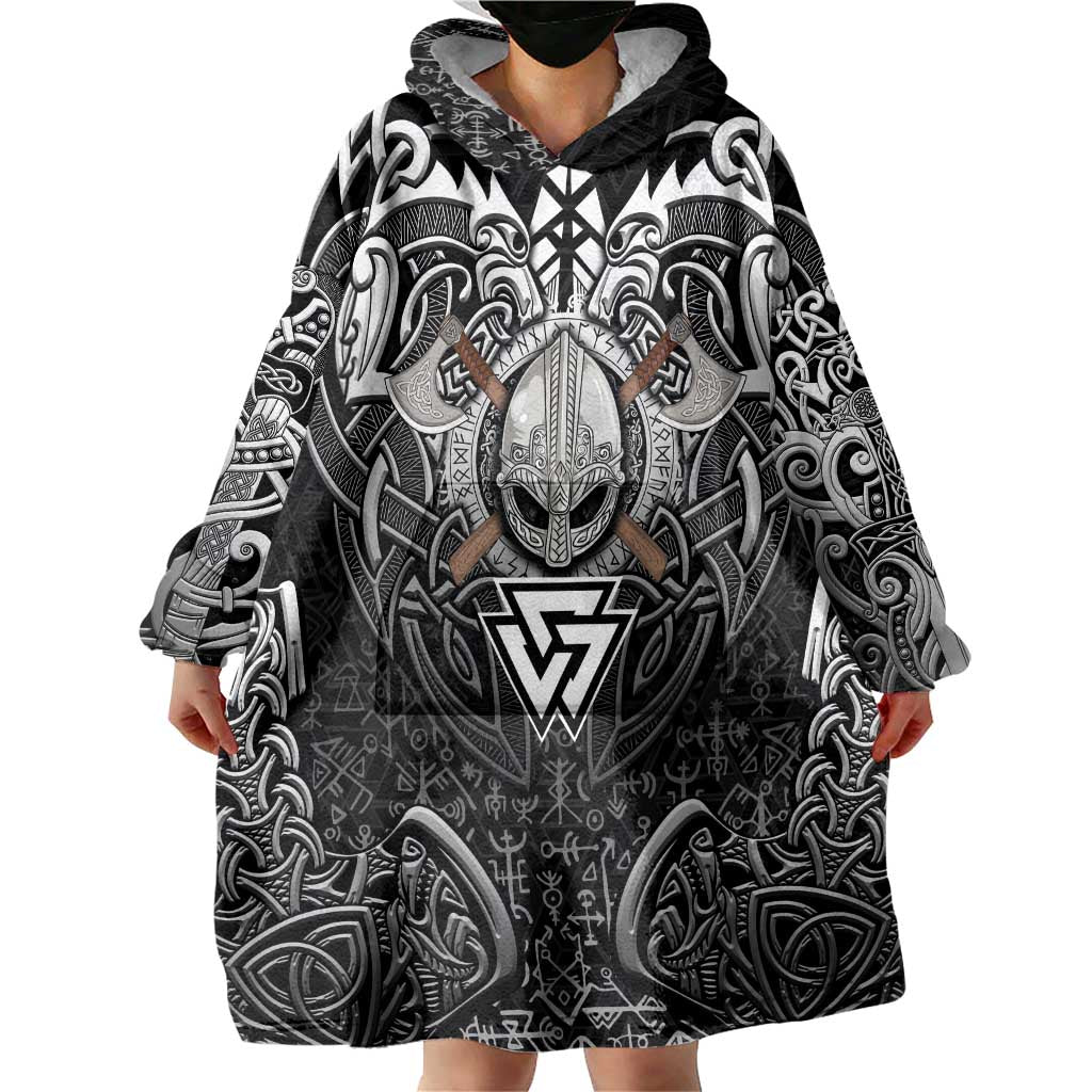 Scandinavian Viking Wearable Blanket Hoodie Norse Warrior Sigil - Helmet and Battle Axes