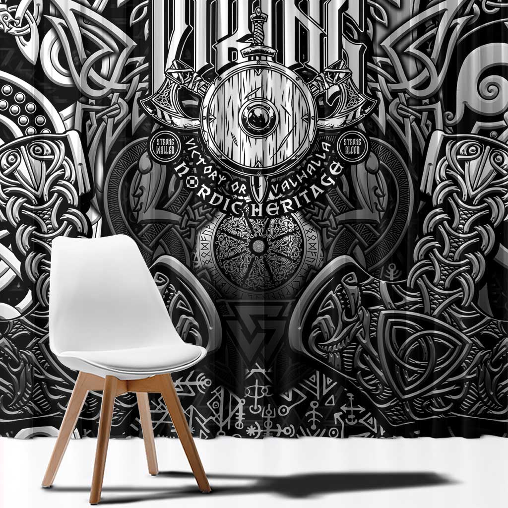 Scandinavian Viking Window Curtain Norse Warrior Sigil - Helmet and Battle Axes