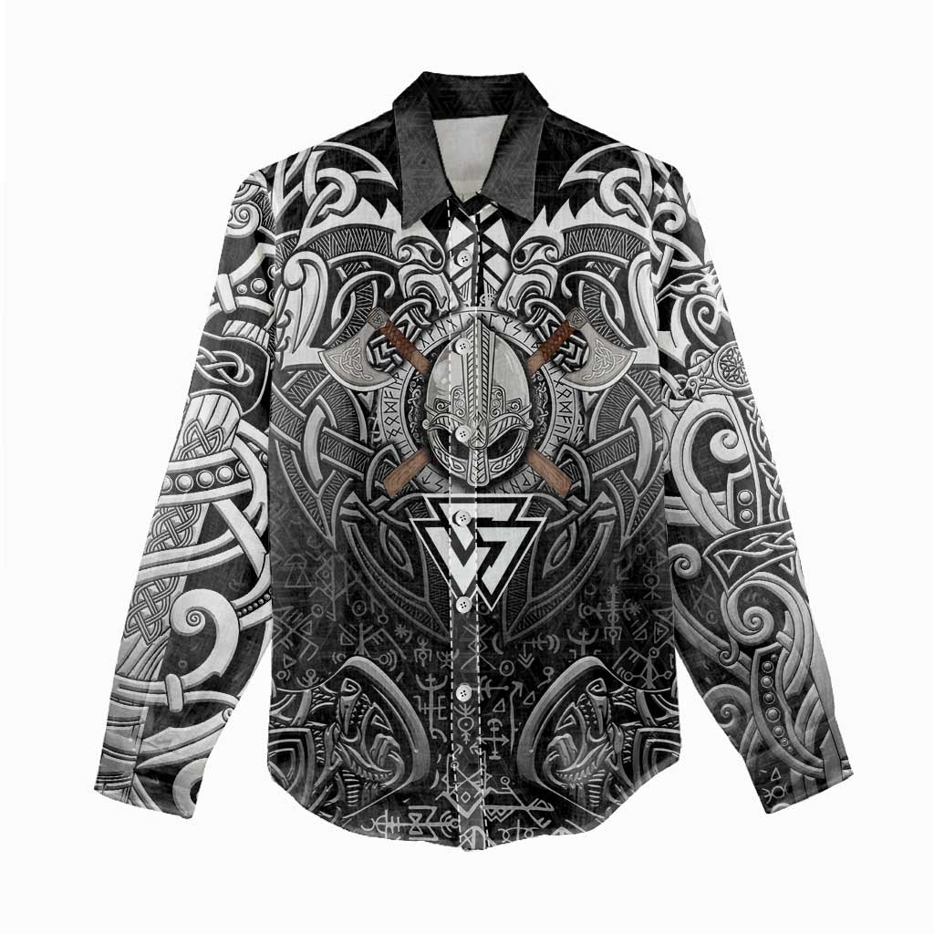 Scandinavian Viking Women Casual Shirt Norse Warrior Sigil - Helmet and Battle Axes