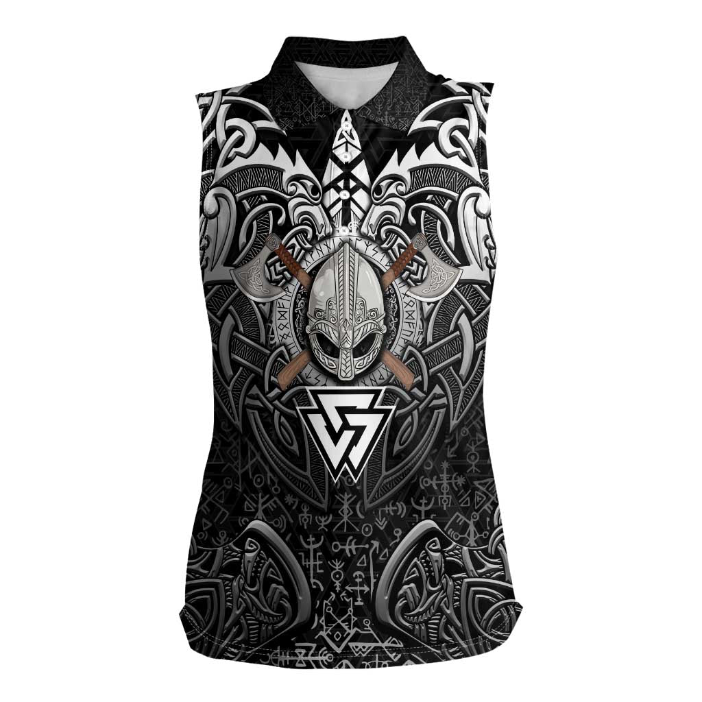 Scandinavian Viking Women Sleeveless Polo Shirt Norse Warrior Sigil - Helmet and Battle Axes