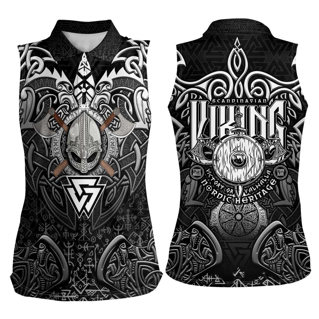 Scandinavian Viking Women Sleeveless Polo Shirt Norse Warrior Sigil - Helmet and Battle Axes