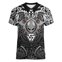 Scandinavian Viking Women V-Neck T-Shirt Norse Warrior Sigil - Helmet and Battle Axes