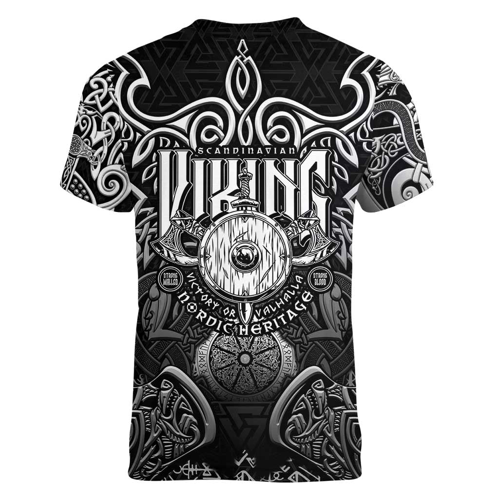 Scandinavian Viking Women V-Neck T-Shirt Norse Warrior Sigil - Helmet and Battle Axes