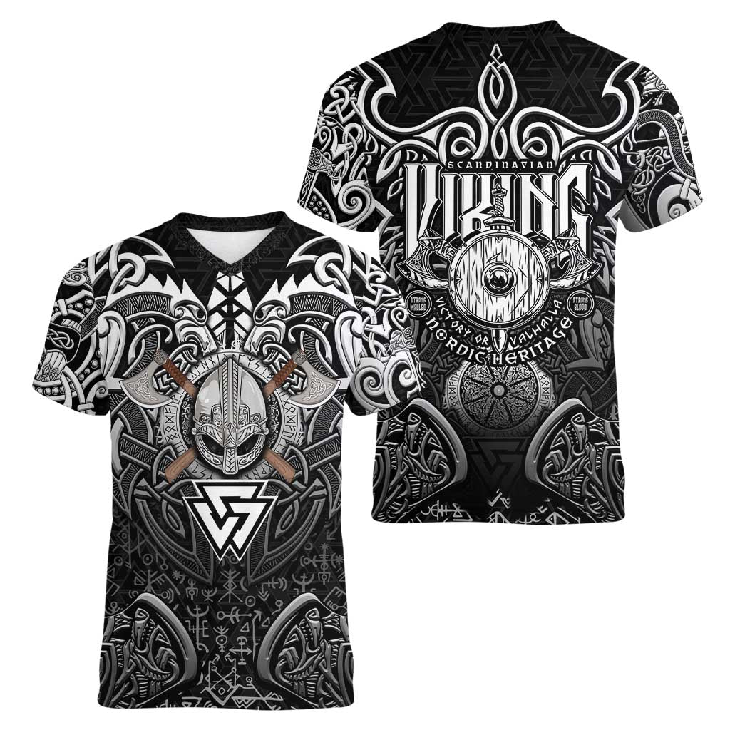 Scandinavian Viking Women V-Neck T-Shirt Norse Warrior Sigil - Helmet and Battle Axes