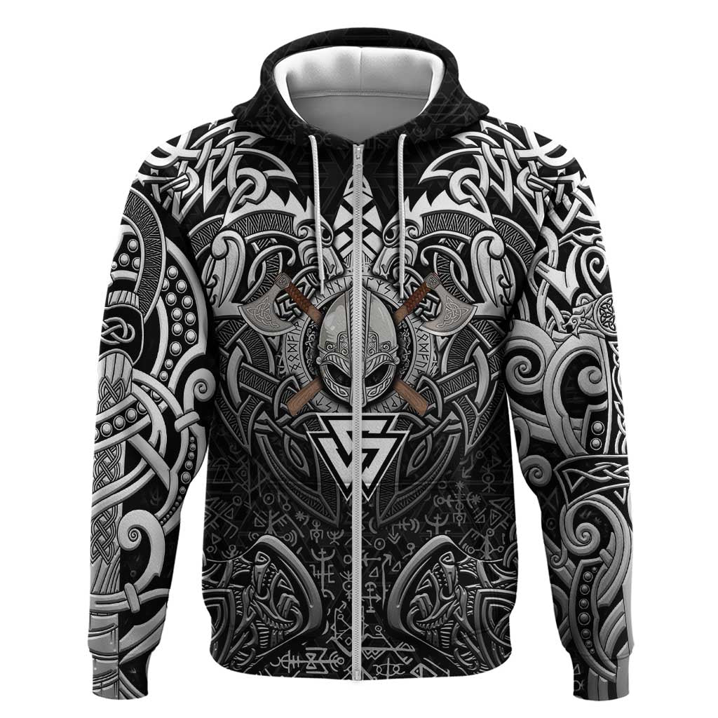 Scandinavian Viking Zip Hoodie Norse Warrior Sigil - Helmet and Battle Axes