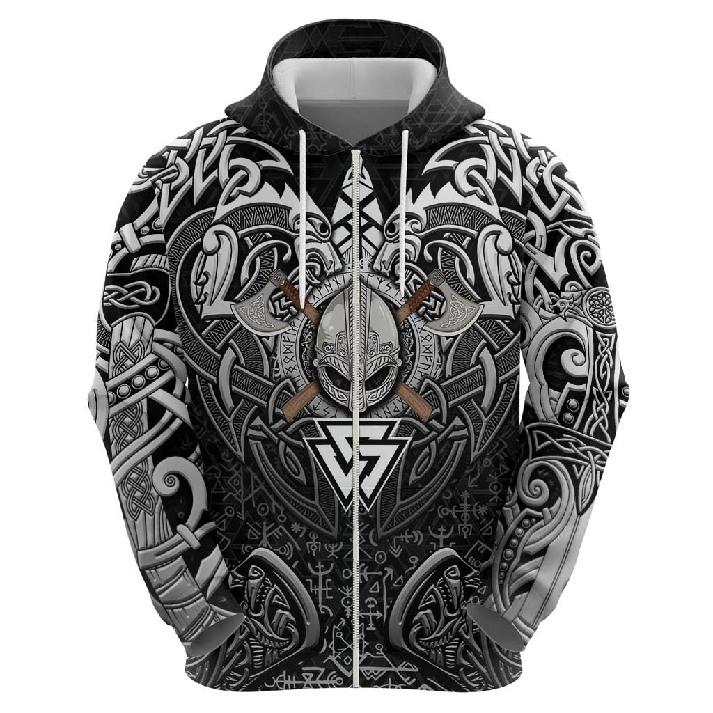 Scandinavian Viking Zip Hoodie Norse Warrior Sigil - Helmet and Battle Axes