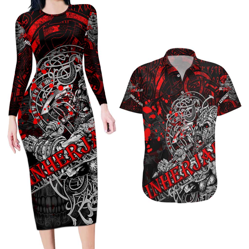 Einherjar Valhalla Couples Matching Long Sleeve Bodycon Dress and Hawaiian Shirt Viking Warrior Rage Style