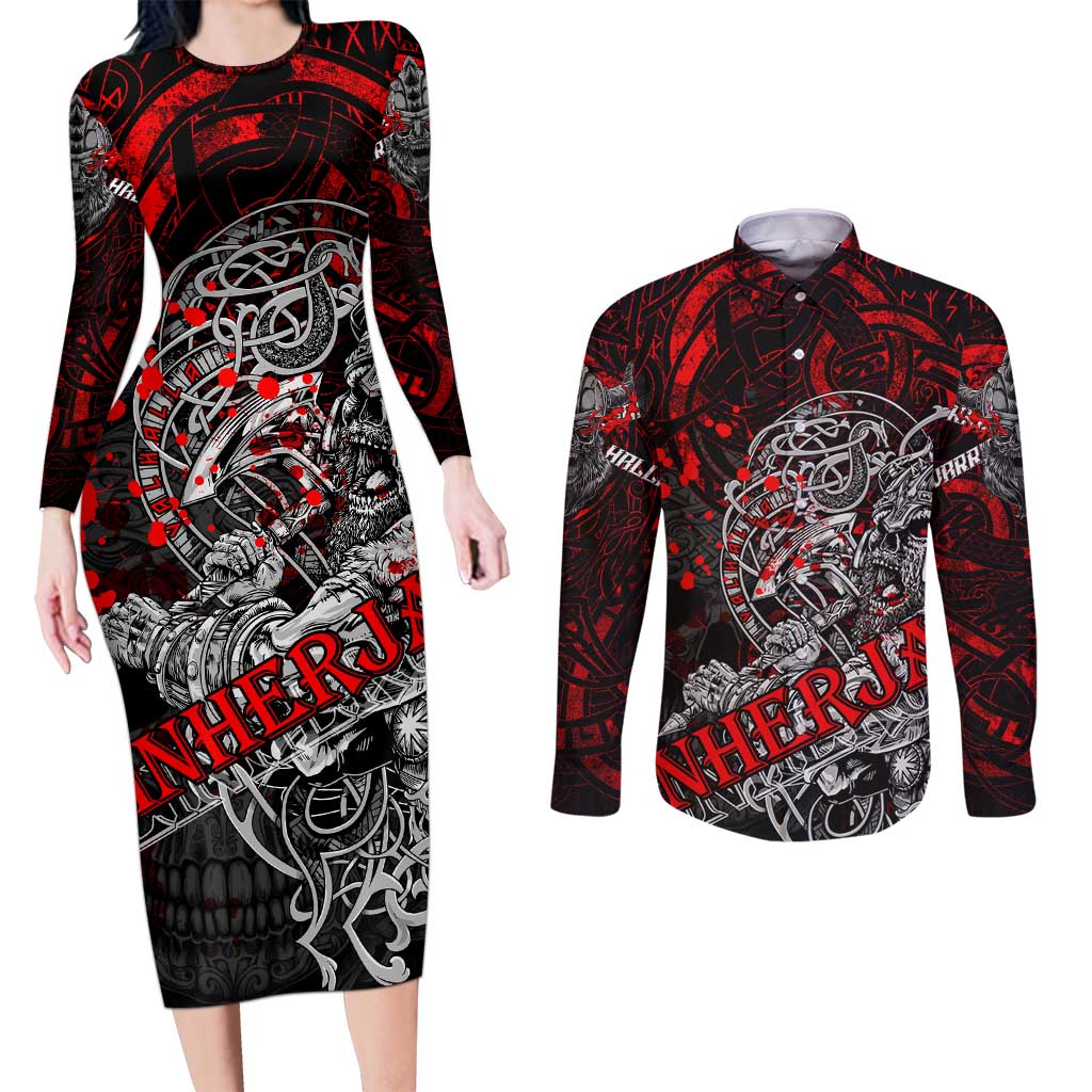 Einherjar Valhalla Couples Matching Long Sleeve Bodycon Dress and Long Sleeve Button Shirt Viking Warrior Rage Style