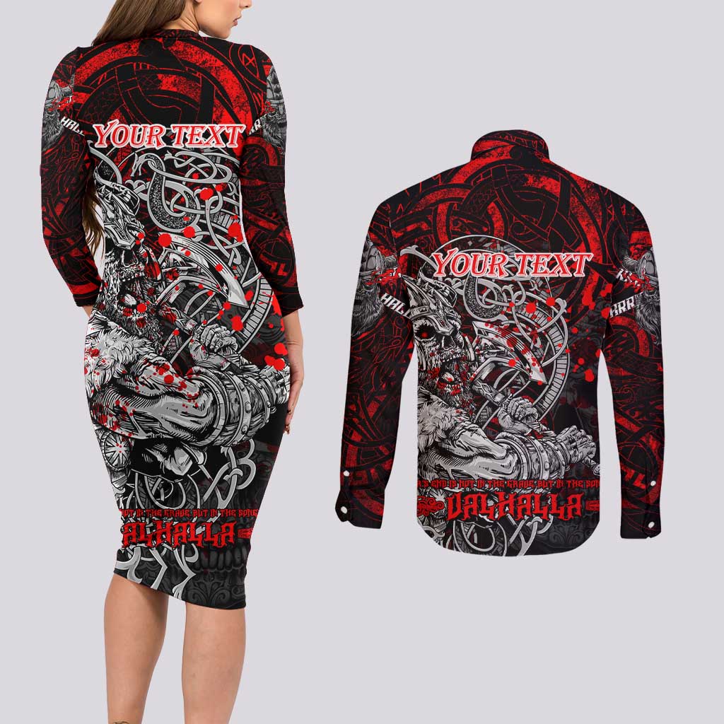 Einherjar Valhalla Couples Matching Long Sleeve Bodycon Dress and Long Sleeve Button Shirt Viking Warrior Rage Style