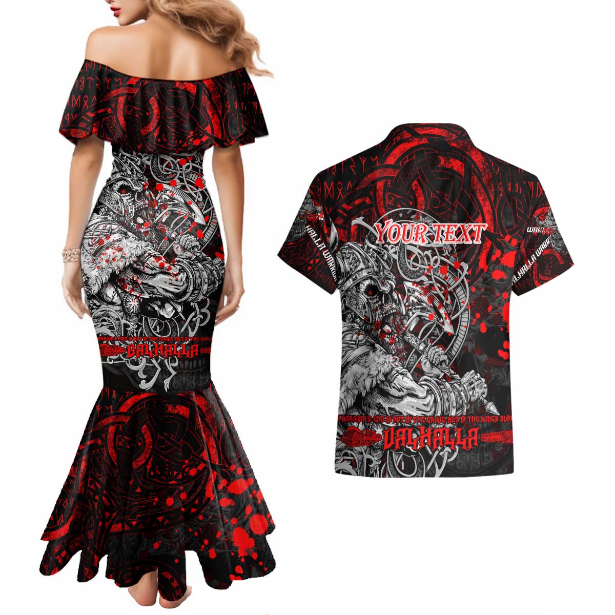 Einherjar Valhalla Couples Matching Mermaid Dress and Hawaiian Shirt Viking Warrior Rage Style