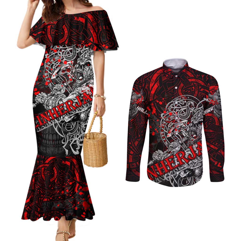 Einherjar Valhalla Couples Matching Mermaid Dress and Long Sleeve Button Shirt Viking Warrior Rage Style