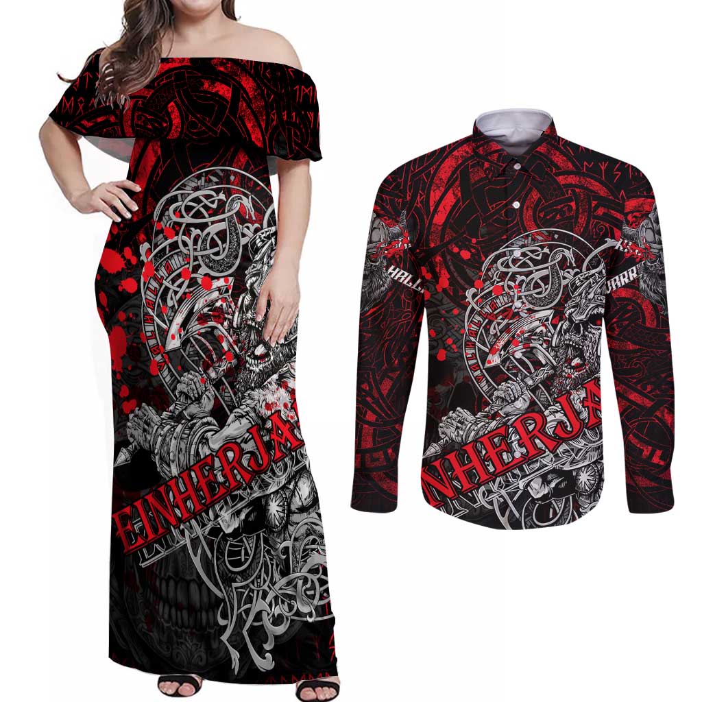Einherjar Valhalla Couples Matching Off Shoulder Maxi Dress and Long Sleeve Button Shirt Viking Warrior Rage Style