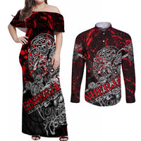 Einherjar Valhalla Couples Matching Off Shoulder Maxi Dress and Long Sleeve Button Shirt Viking Warrior Rage Style