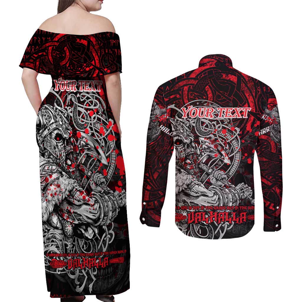 Einherjar Valhalla Couples Matching Off Shoulder Maxi Dress and Long Sleeve Button Shirt Viking Warrior Rage Style