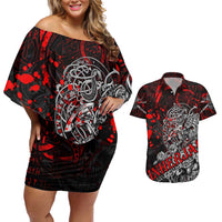 Einherjar Valhalla Couples Matching Off Shoulder Short Dress and Hawaiian Shirt Viking Warrior Rage Style