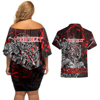 Einherjar Valhalla Couples Matching Off Shoulder Short Dress and Hawaiian Shirt Viking Warrior Rage Style