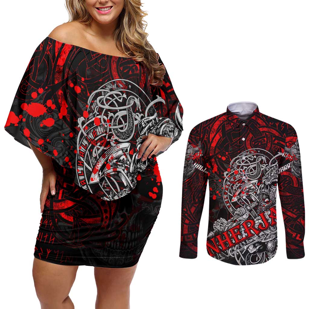 Einherjar Valhalla Couples Matching Off Shoulder Short Dress and Long Sleeve Button Shirt Viking Warrior Rage Style