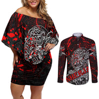 Einherjar Valhalla Couples Matching Off Shoulder Short Dress and Long Sleeve Button Shirt Viking Warrior Rage Style