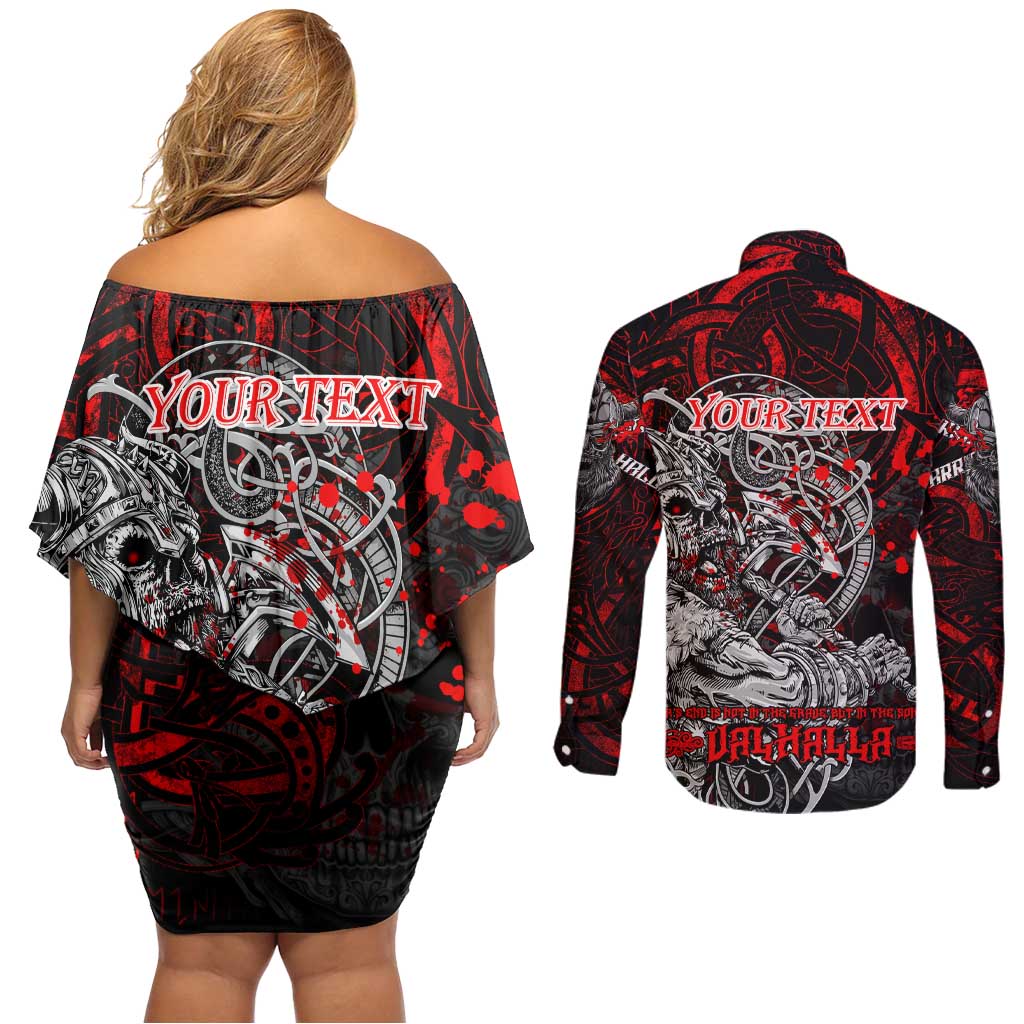 Einherjar Valhalla Couples Matching Off Shoulder Short Dress and Long Sleeve Button Shirt Viking Warrior Rage Style