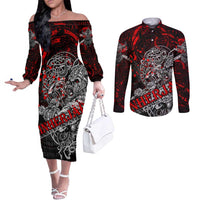 Einherjar Valhalla Couples Matching Off The Shoulder Long Sleeve Dress and Long Sleeve Button Shirt Viking Warrior Rage Style