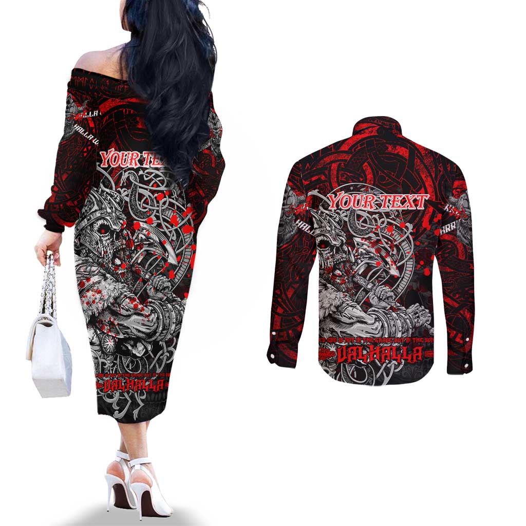 Einherjar Valhalla Couples Matching Off The Shoulder Long Sleeve Dress and Long Sleeve Button Shirt Viking Warrior Rage Style