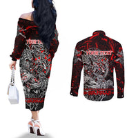Einherjar Valhalla Couples Matching Off The Shoulder Long Sleeve Dress and Long Sleeve Button Shirt Viking Warrior Rage Style