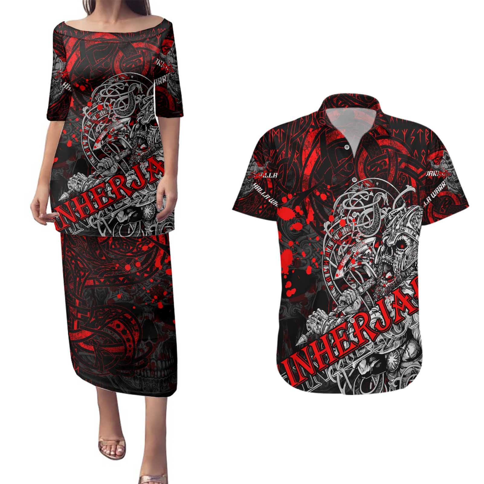 Einherjar Valhalla Couples Matching Puletasi and Hawaiian Shirt Viking Warrior Rage Style