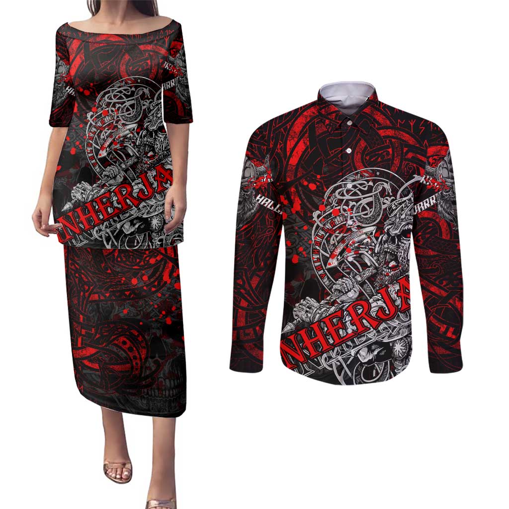 Einherjar Valhalla Couples Matching Puletasi and Long Sleeve Button Shirt Viking Warrior Rage Style