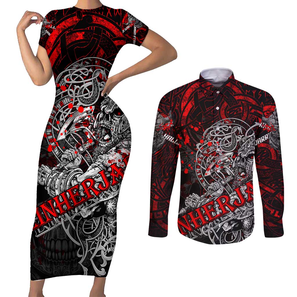 Einherjar Valhalla Couples Matching Short Sleeve Bodycon Dress and Long Sleeve Button Shirt Viking Warrior Rage Style