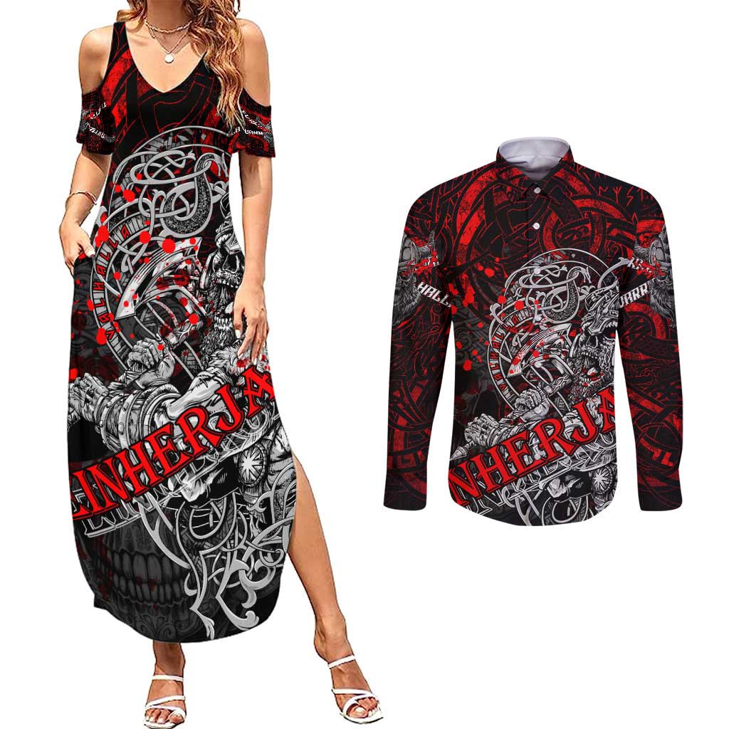 Einherjar Valhalla Couples Matching Summer Maxi Dress and Long Sleeve Button Shirt Viking Warrior Rage Style