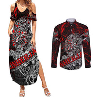 Einherjar Valhalla Couples Matching Summer Maxi Dress and Long Sleeve Button Shirt Viking Warrior Rage Style