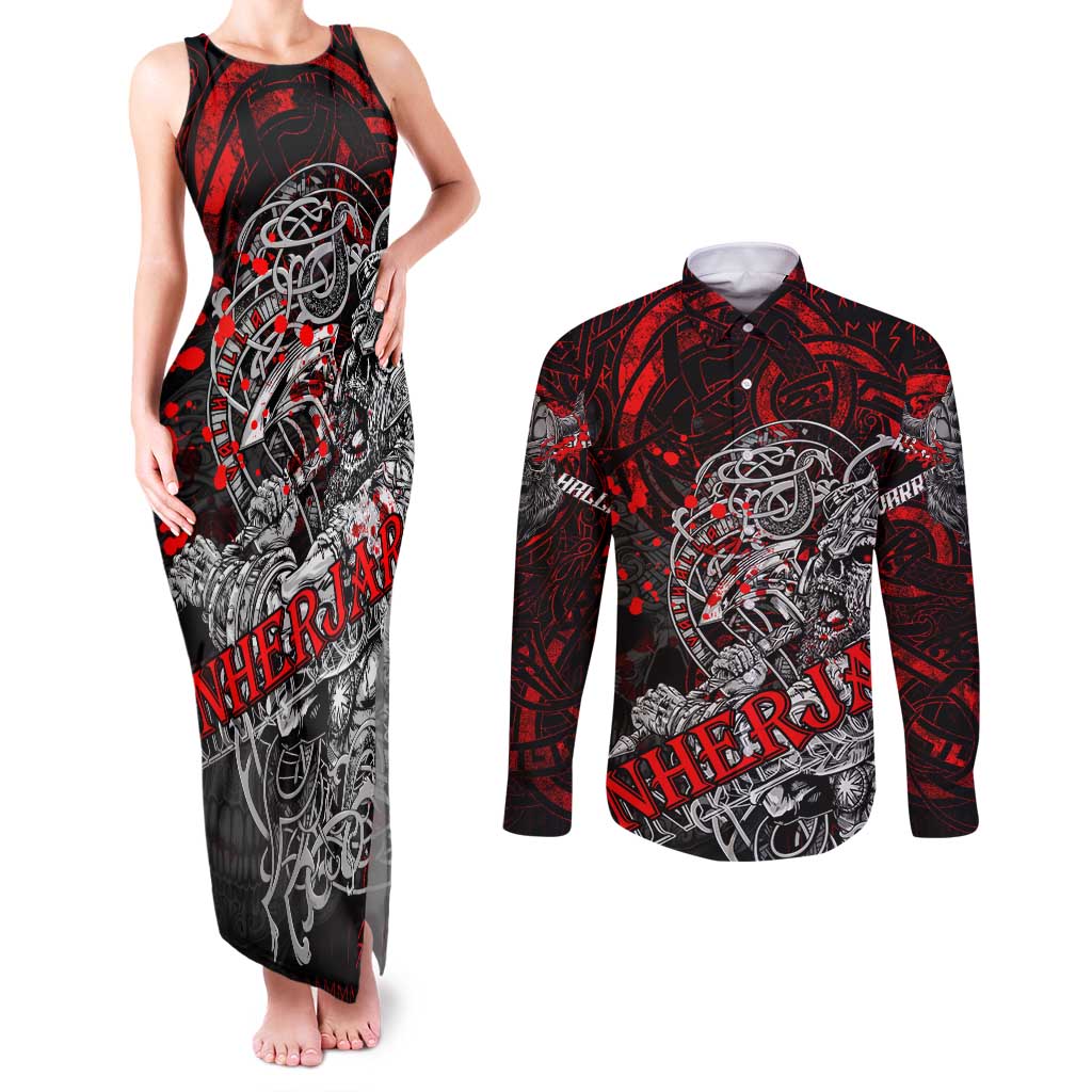 Einherjar Valhalla Couples Matching Tank Maxi Dress and Long Sleeve Button Shirt Viking Warrior Rage Style