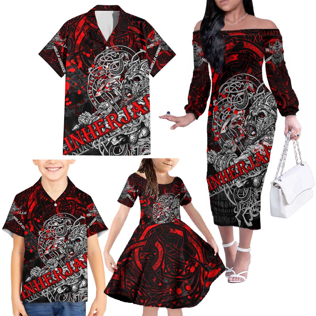 Einherjar Valhalla Family Matching Off The Shoulder Long Sleeve Dress and Hawaiian Shirt Viking Warrior Rage Style