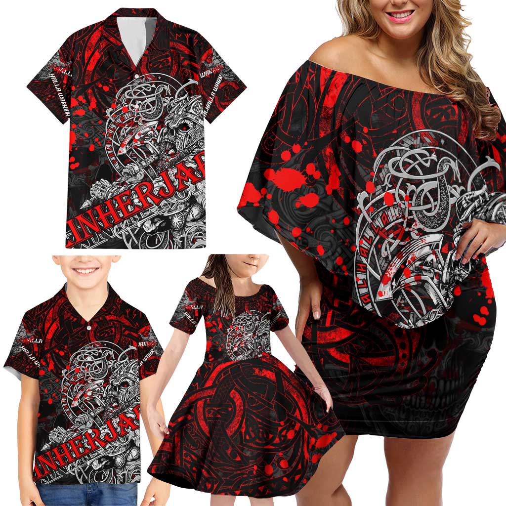 Einherjar Valhalla Family Matching Off Shoulder Short Dress and Hawaiian Shirt Viking Warrior Rage Style