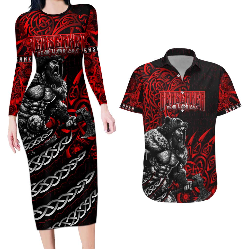Berserker Bear Warrior Viking Couples Matching Long Sleeve Bodycon Dress and Hawaiian Shirt Tribal Strength and Runic Blood
