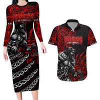 Berserker Bear Warrior Viking Couples Matching Long Sleeve Bodycon Dress and Hawaiian Shirt Tribal Strength and Runic Blood